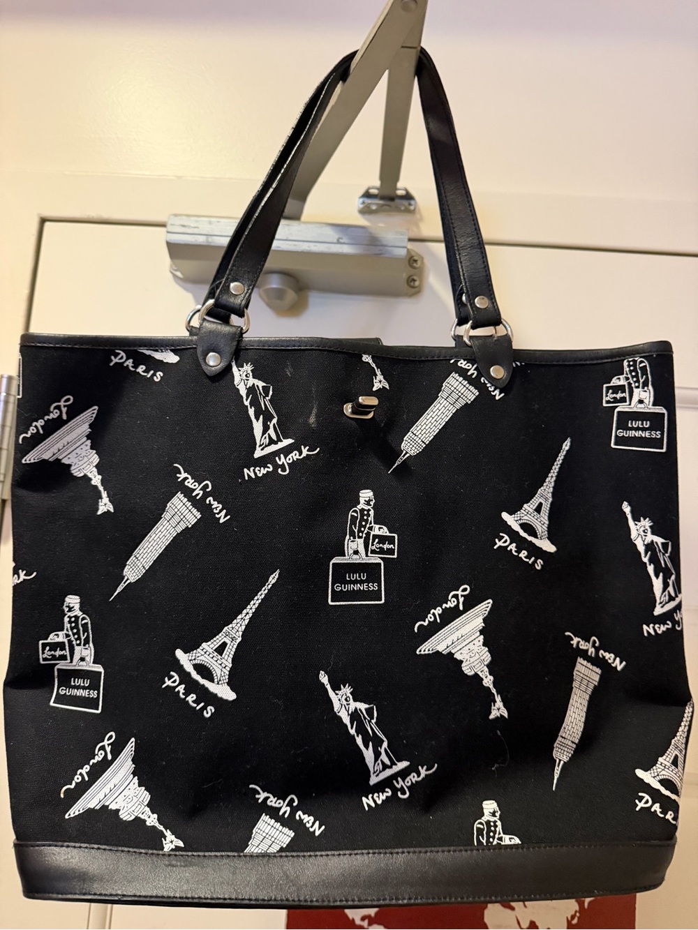 Lulu Guinness Black Tote with White Travel Icon Print